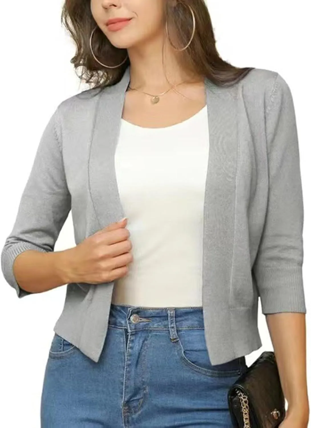 Women's 3/4 Sleeve Knit Cropped Cardigan Sweaters Open Front Bolero Shrugs Short Coat Top Solid Color Knitwear for Dress