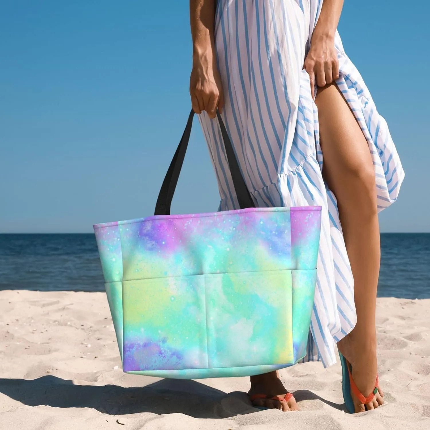 Women's Beach Tote Bag Large Waterproof Travel Bags with Pockets Sandproof Handbag for Camping Gym Pool