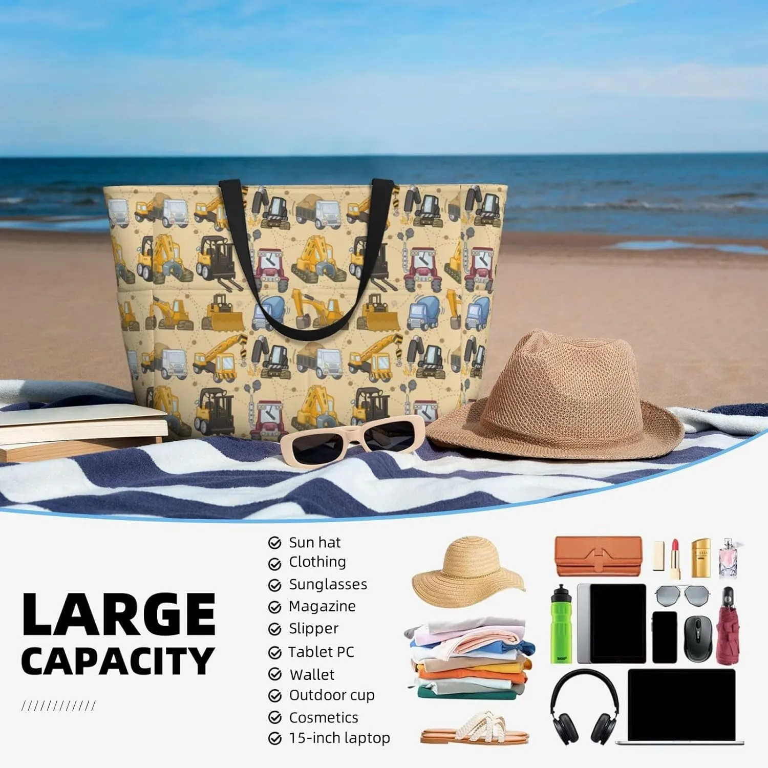 Women's Beach Tote Bag Large Waterproof Travel Bags with Pockets Sandproof Handbag for Camping Gym Pool