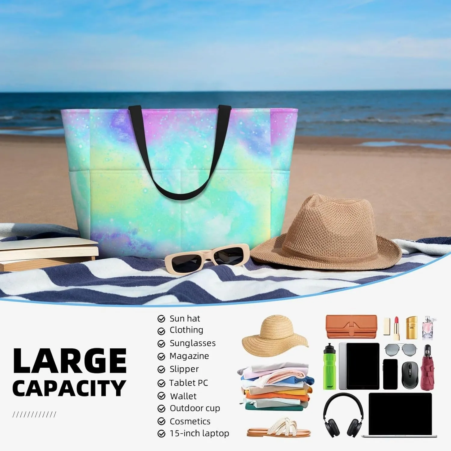 Women's Beach Tote Bag Large Waterproof Travel Bags with Pockets Sandproof Handbag for Camping Gym Pool
