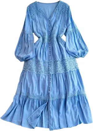 Women's Beach Vacation Long Dress Lantern Long Sleeved V-Neck Waist-Cinched A-Line Lace Patchwork Party Dress