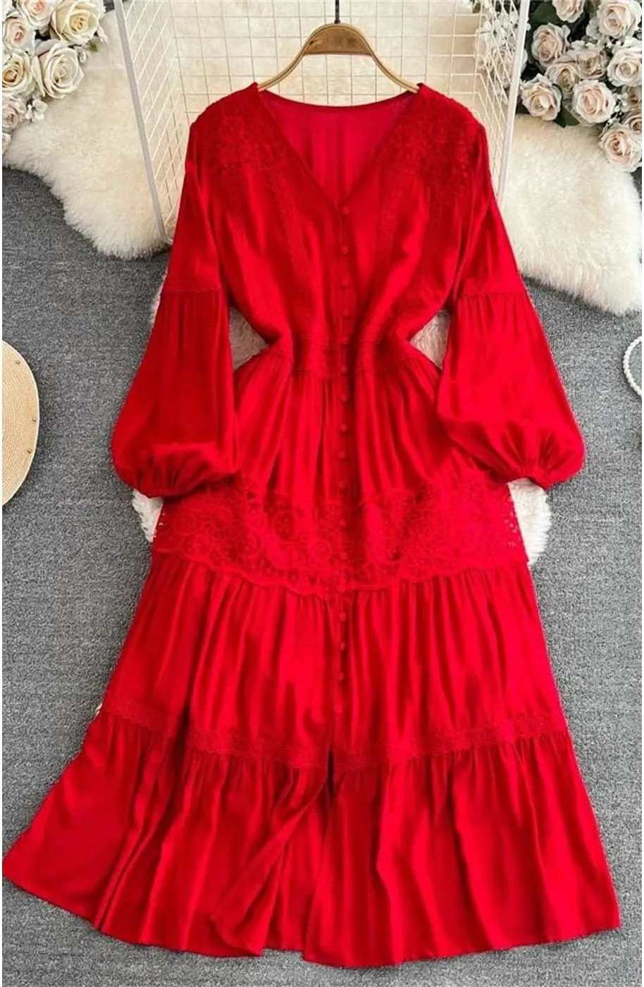 Women's Beach Vacation Long Dress Lantern Long Sleeved V-Neck Waist-Cinched A-Line Lace Patchwork Party Dress