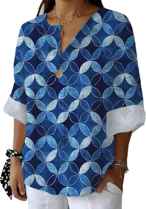 Womens Boho Floral Blouse 3/4 Sleeve Leaf Graphic Patchwork Shirts Loose Fit Casual Vintage V Neck Button Summer Tops
