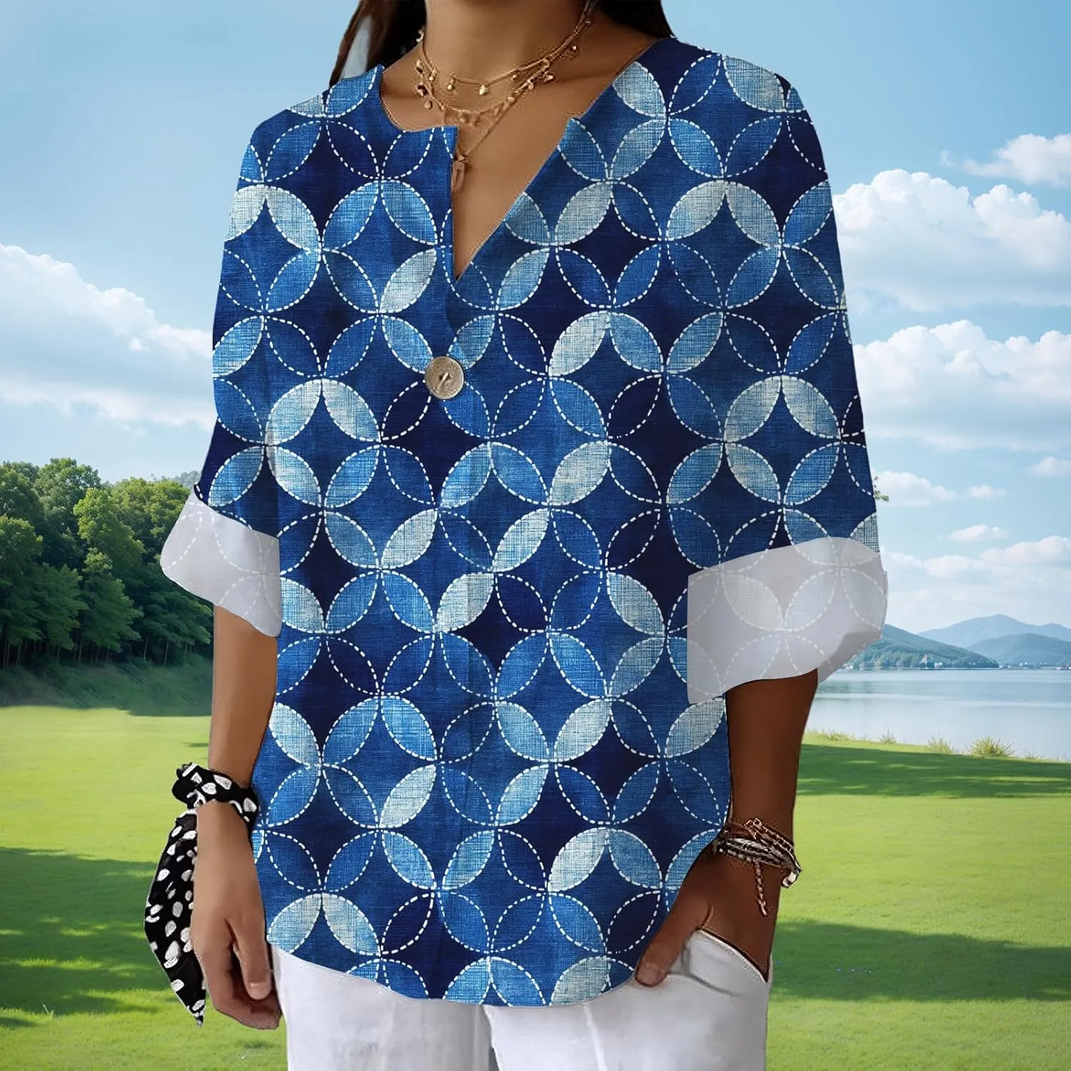 Womens Boho Floral Blouse 3/4 Sleeve Leaf Graphic Patchwork Shirts Loose Fit Casual Vintage V Neck Button Summer Tops