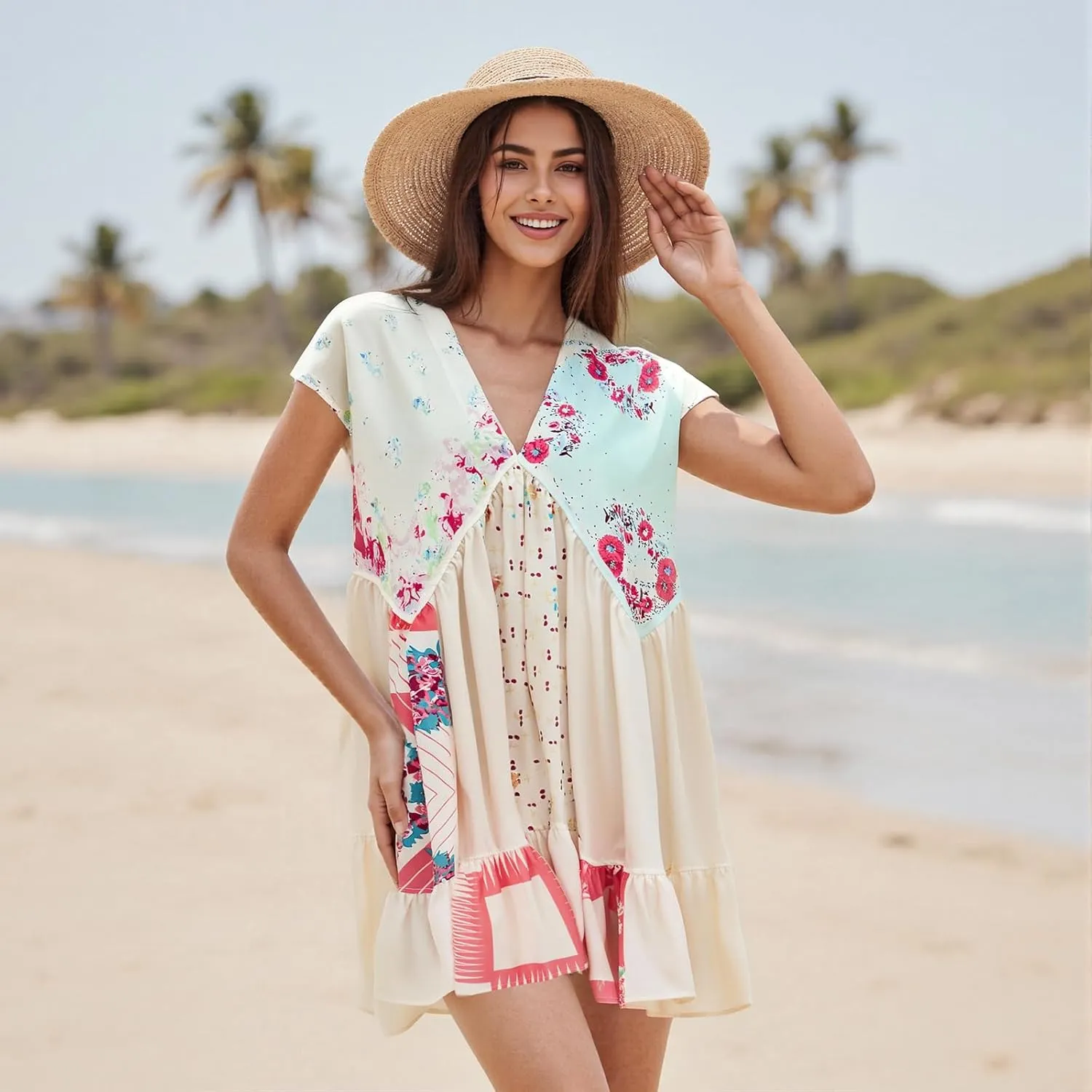 Women’s Boho Mini Dress Y2k Floral Print Deep V-Neck Puff Sleeve Short Dress 2025 Summer Loose Beach Sundress