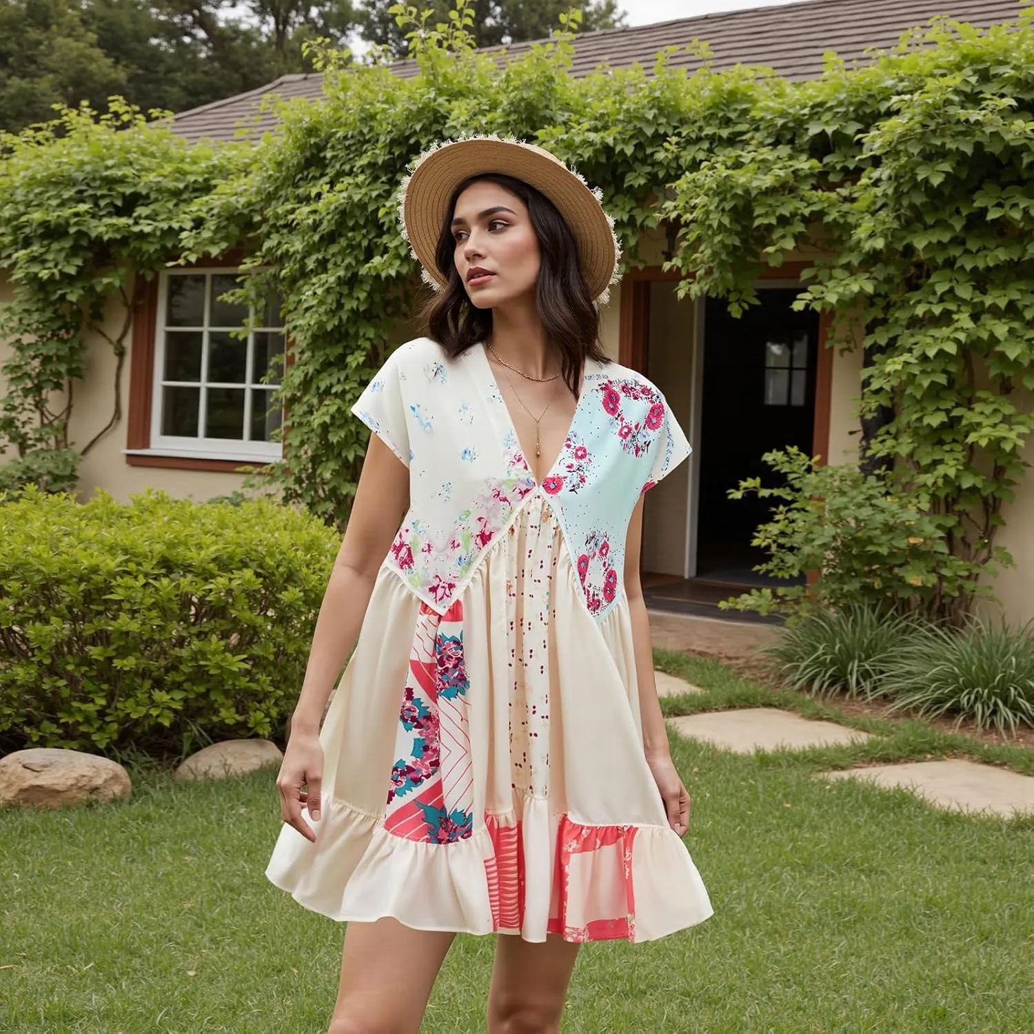 Women’s Boho Mini Dress Y2k Floral Print Deep V-Neck Puff Sleeve Short Dress 2025 Summer Loose Beach Sundress