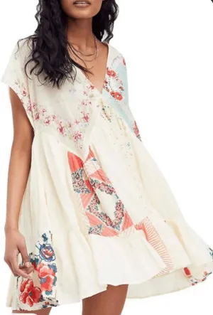 Women’s Boho Mini Dress Y2k Floral Print Deep V-Neck Puff Sleeve Short Dress 2025 Summer Loose Beach Sundress