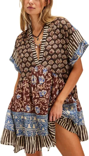 Women’s Boho Mini Dress Y2k Floral Print Deep V-Neck Puff Sleeve Short Dress 2025 Summer Loose Beach Sundress