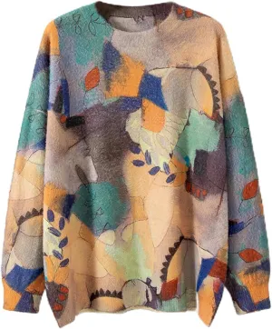 Women’s Boho Oversized Knit Sweater Pullover, Vintage Long Sleeve Casual Crew Neck Top