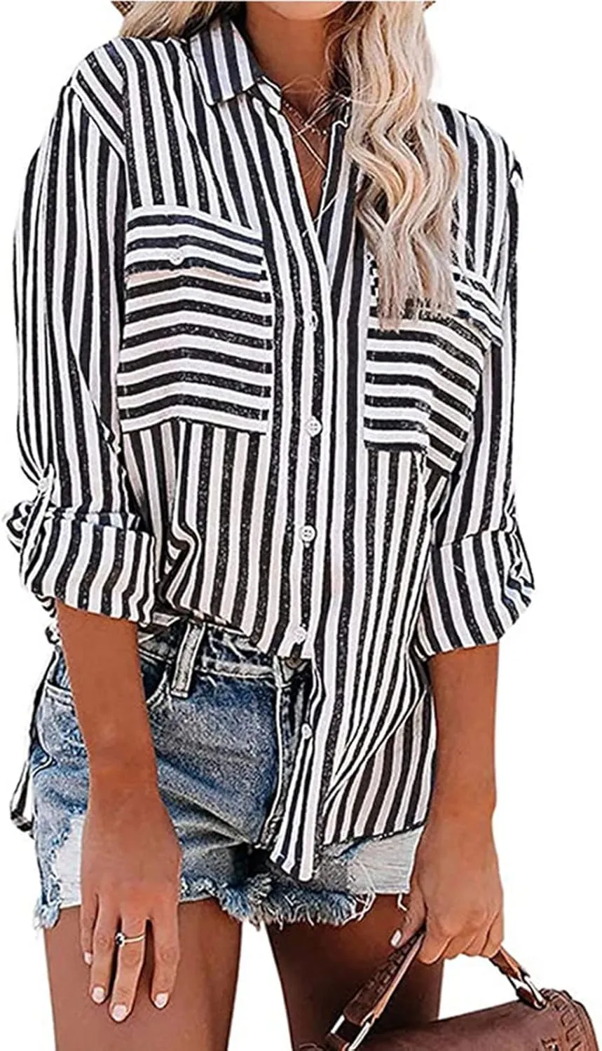 Womens Button Down Lapel Stripe Cotton Linen Shirts Long Sleeve Blouse Tops Fall Fashion Tops Dress Casual