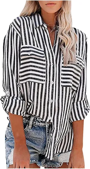 Womens Button Down Lapel Stripe Cotton Linen Shirts Long Sleeve Blouse Tops Fall Fashion Tops Dress Casual