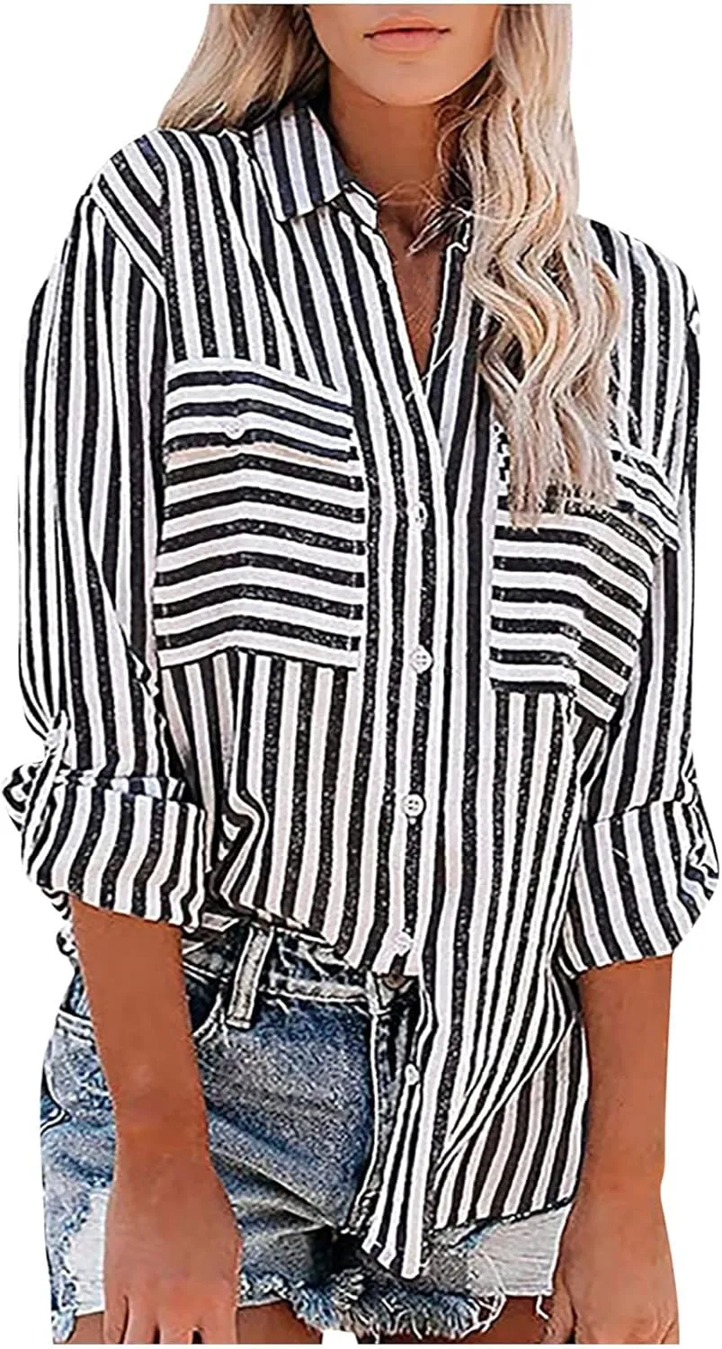 Womens Button Down Lapel Stripe Cotton Linen Shirts Long Sleeve Blouse Tops Fall Fashion Tops Dress Casual