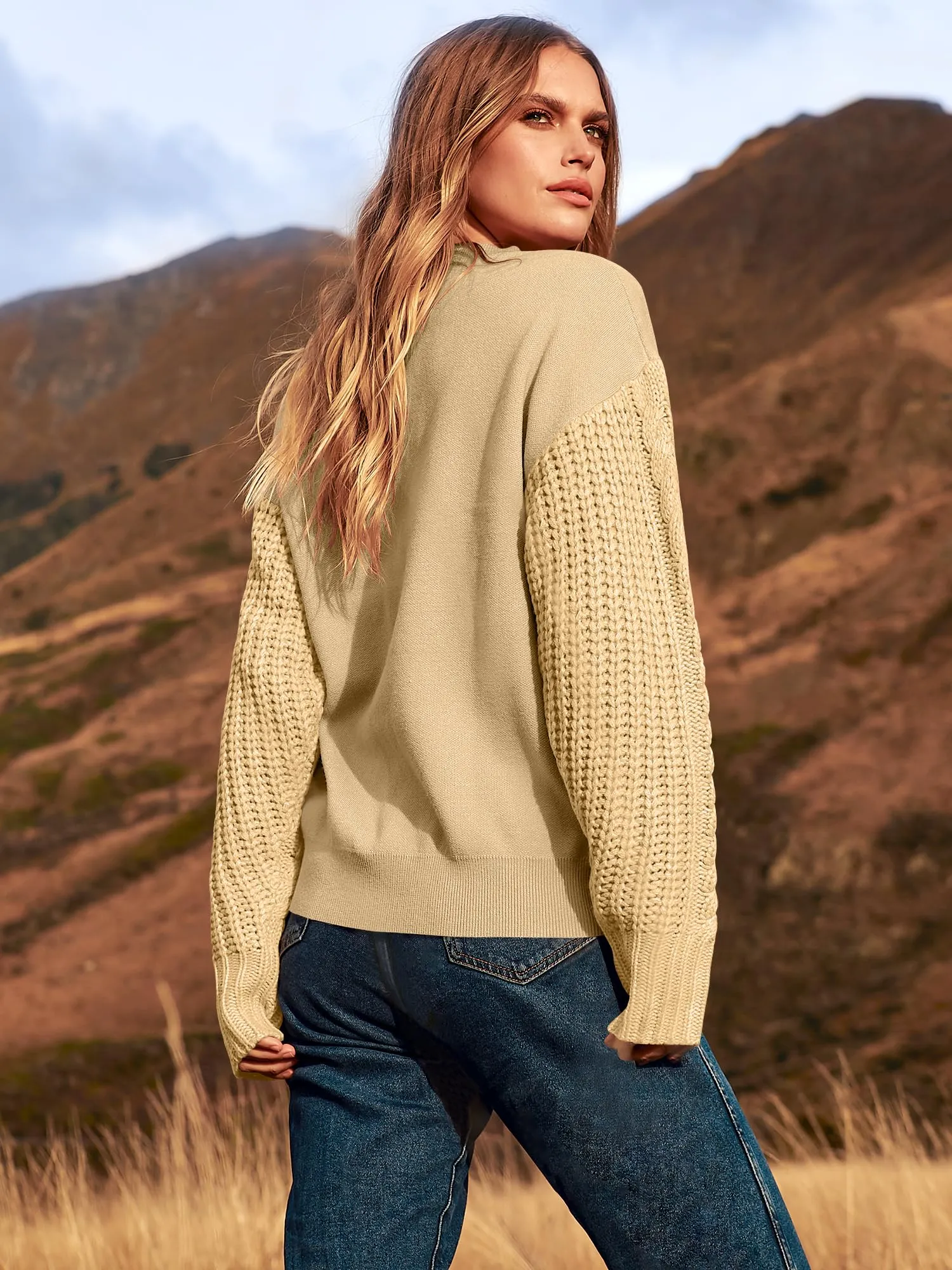 Women's Cable-Knit Long Sleeve Oversized Crewneck Sweater