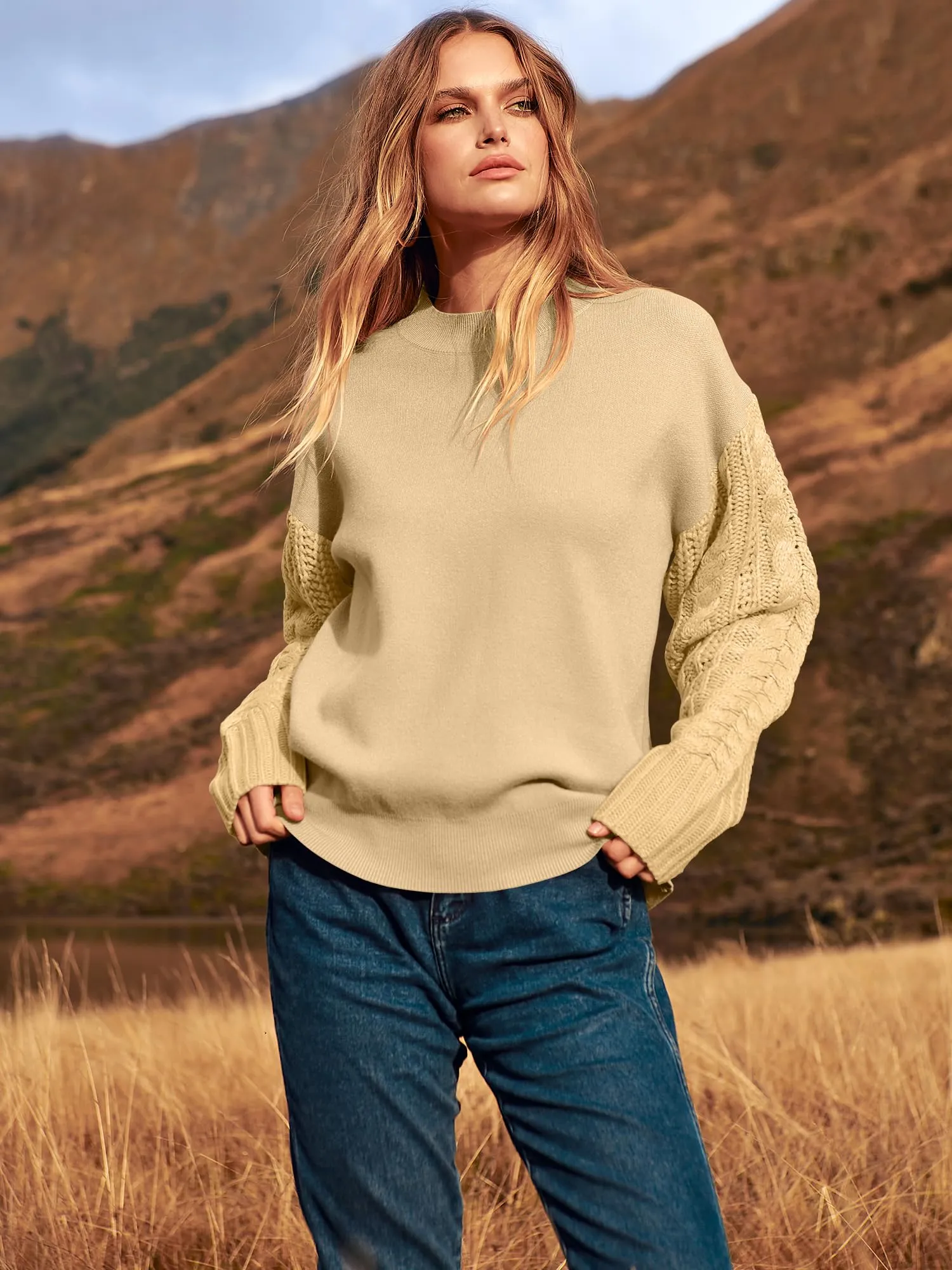 Women's Cable-Knit Long Sleeve Oversized Crewneck Sweater