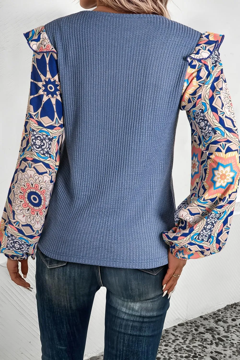 Women's Casual Blouses Fall Tops Ashleigh Blue Ruffled Floral Sleeve Patchwork Waffle Knit O Neck Blouse