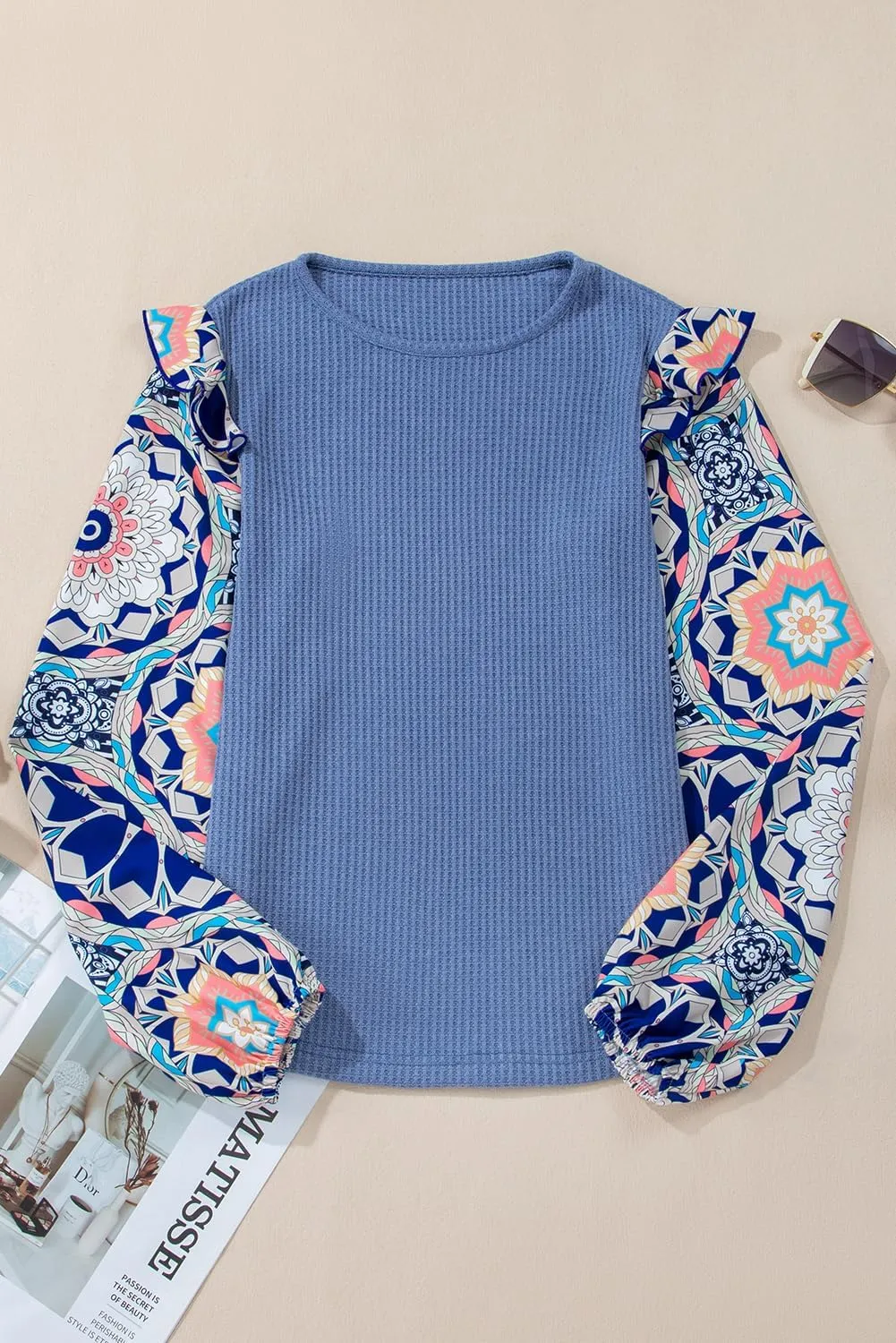 Women's Casual Blouses Fall Tops Ashleigh Blue Ruffled Floral Sleeve Patchwork Waffle Knit O Neck Blouse