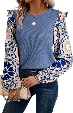 Women's Casual Blouses Fall Tops Ashleigh Blue Ruffled Floral Sleeve Patchwork Waffle Knit O Neck Blouse