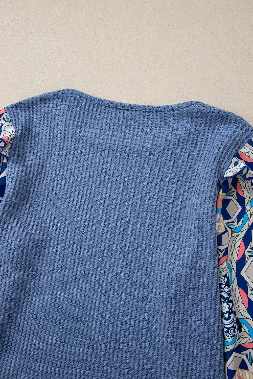 Women's Casual Blouses Fall Tops Ashleigh Blue Ruffled Floral Sleeve Patchwork Waffle Knit O Neck Blouse