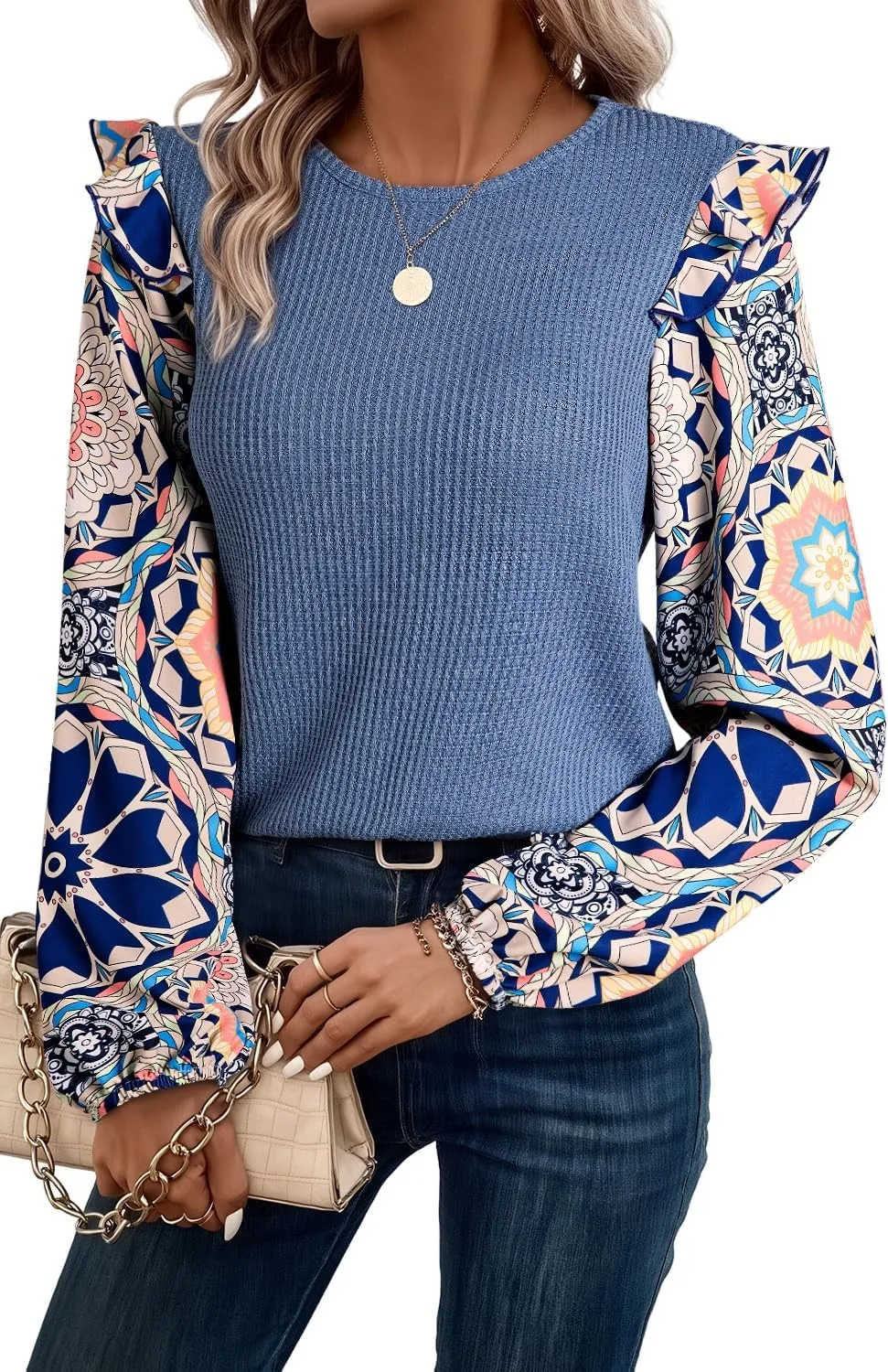 Women's Casual Blouses Fall Tops Ashleigh Blue Ruffled Floral Sleeve Patchwork Waffle Knit O Neck Blouse