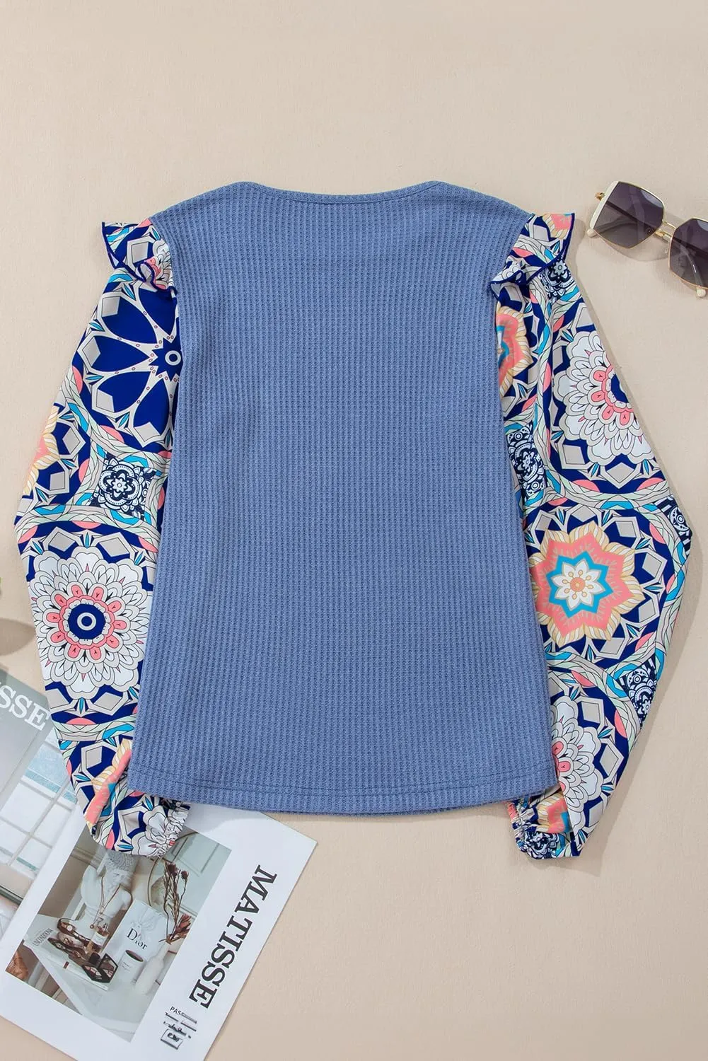 Women's Casual Blouses Fall Tops Ashleigh Blue Ruffled Floral Sleeve Patchwork Waffle Knit O Neck Blouse
