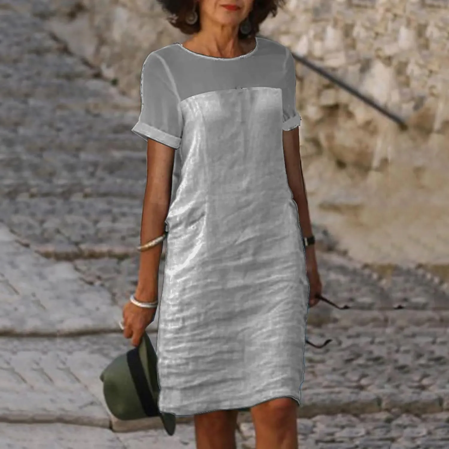 Womens Cotton Linen Midi Dress Mesh Patchwork Summer Fashion Short Sleeve Beach Vacation Dresses Dressy Sundress