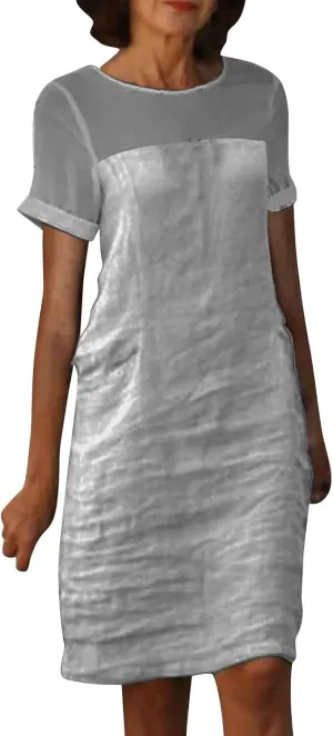 Womens Cotton Linen Midi Dress Mesh Patchwork Summer Fashion Short Sleeve Beach Vacation Dresses Dressy Sundress