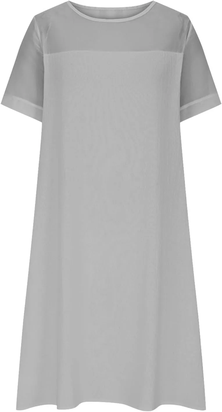 Womens Cotton Linen Midi Dress Mesh Patchwork Summer Fashion Short Sleeve Beach Vacation Dresses Dressy Sundress