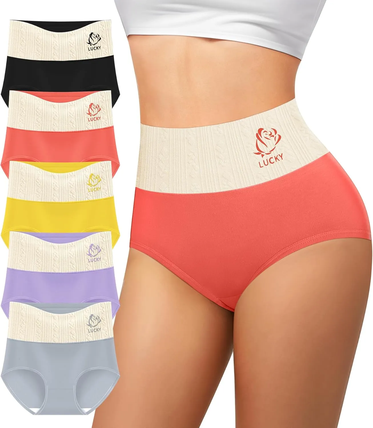 Women's Cotton Underwear High Waisted Tummy Control Soft Stretch Briefs Full Coverage Panties 5 Pack