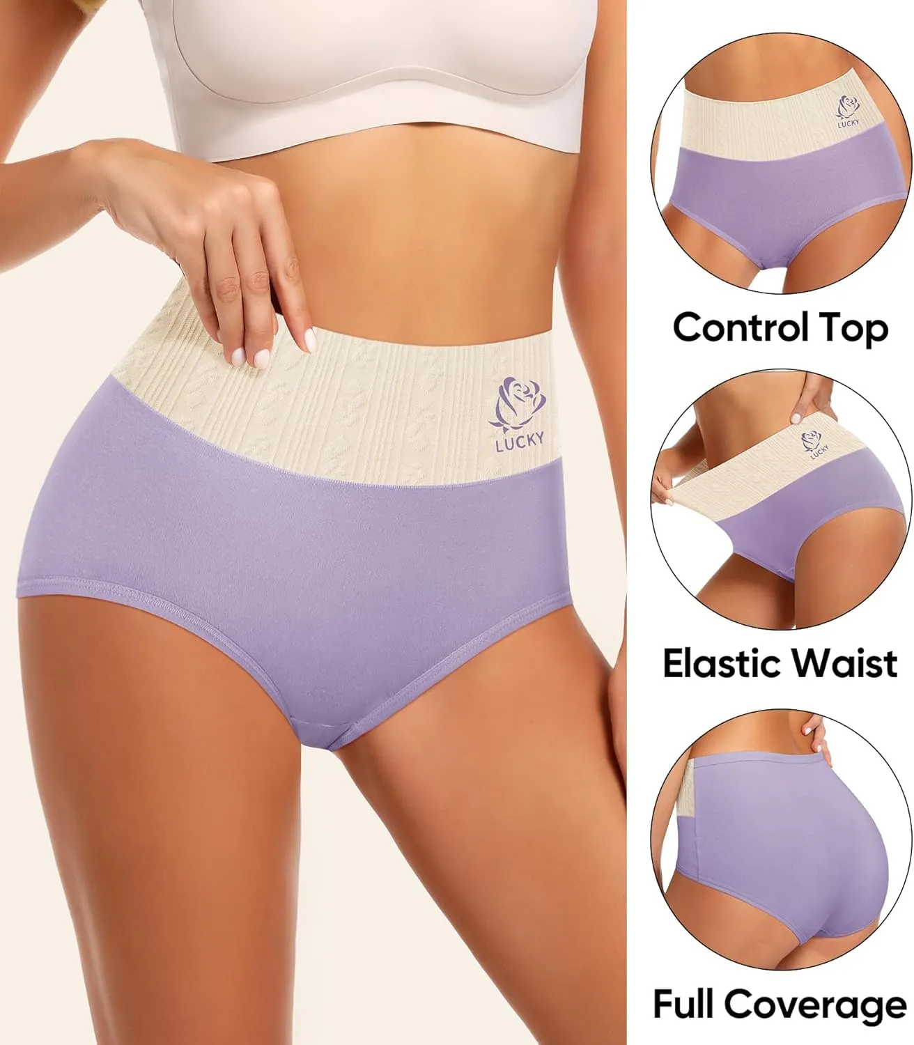 Women's Cotton Underwear High Waisted Tummy Control Soft Stretch Briefs Full Coverage Panties 5 Pack