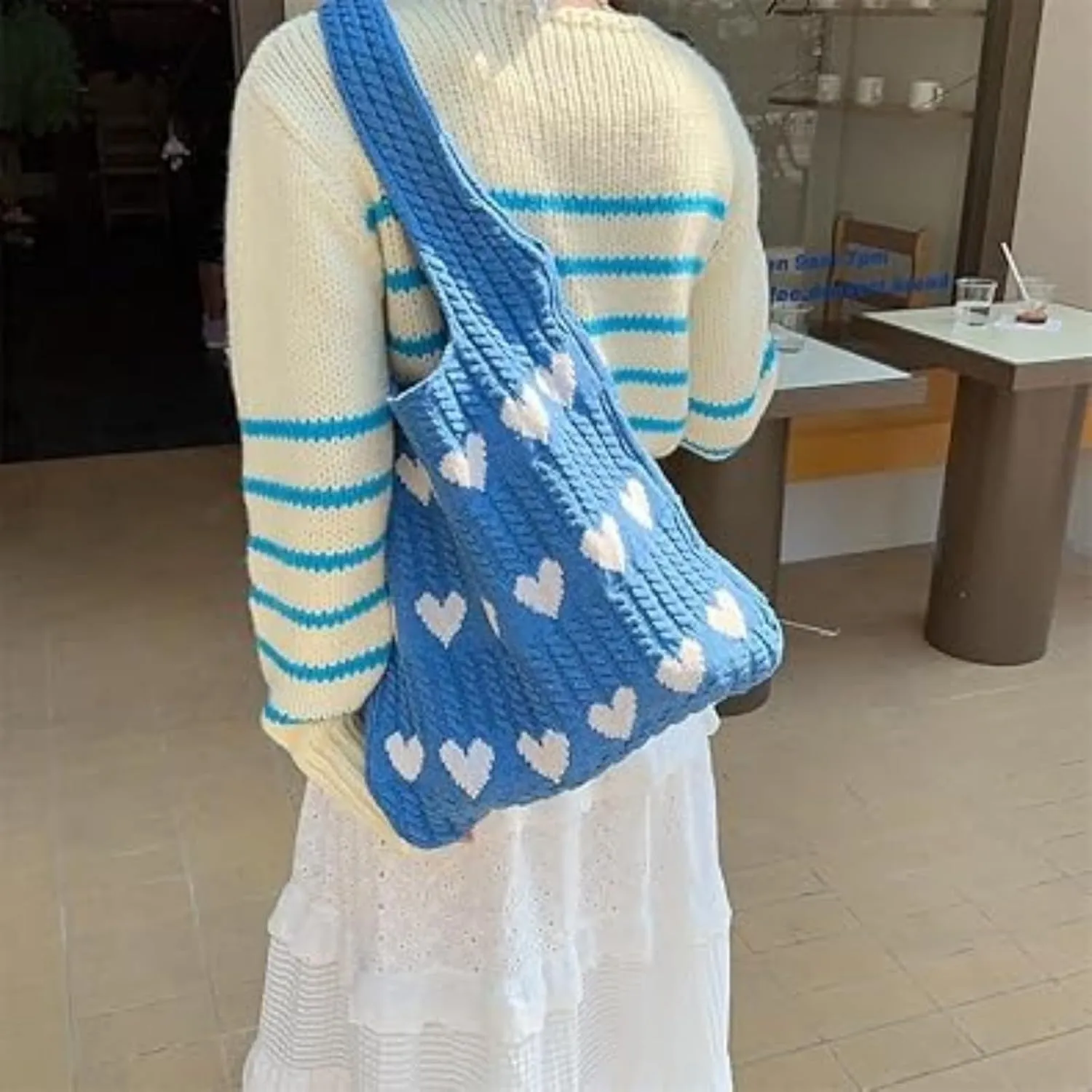 Women's Crochet Tote Bags Boho Tote Bags Heart-shaped Beach Handbags Knit Vacation Aesthetic Casual Love Hobo Bags