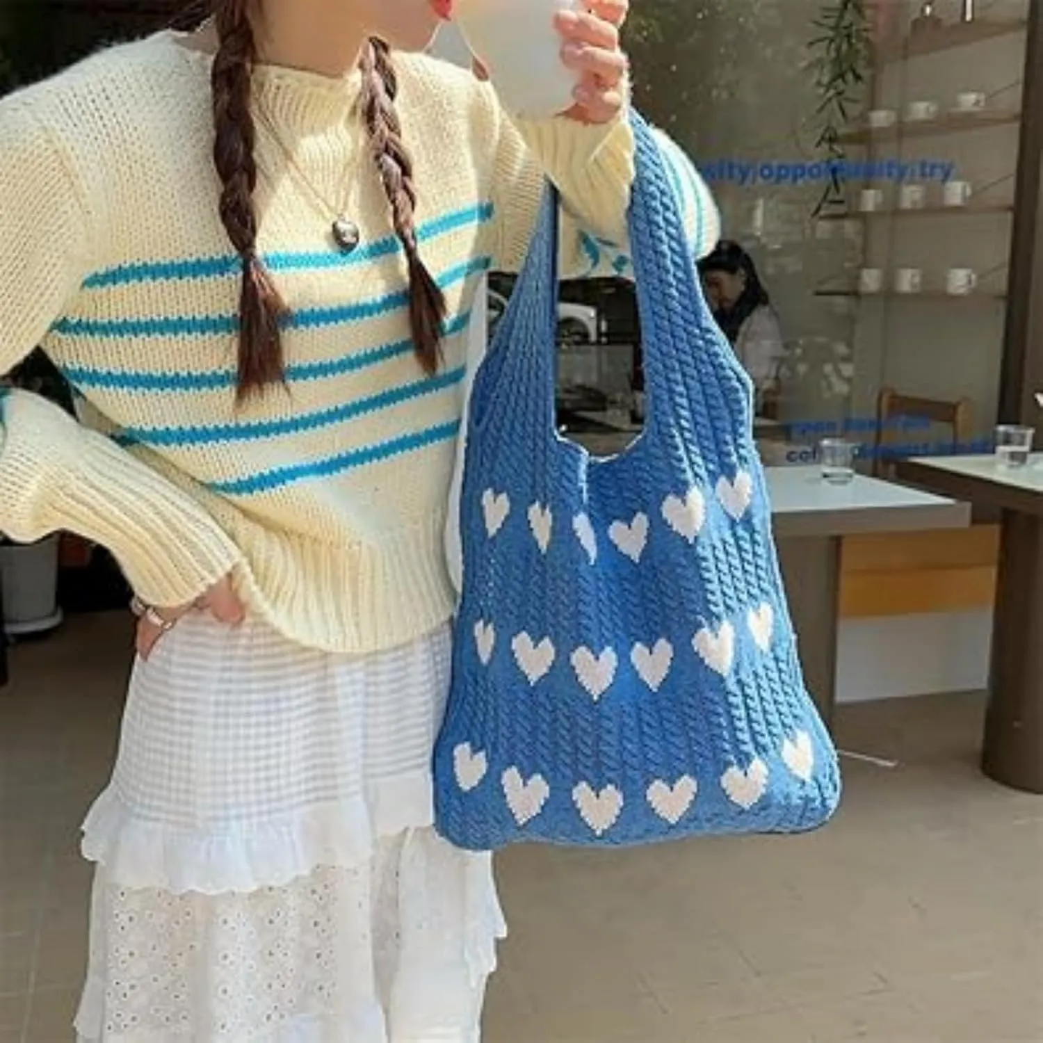 Women's Crochet Tote Bags Boho Tote Bags Heart-shaped Beach Handbags Knit Vacation Aesthetic Casual Love Hobo Bags
