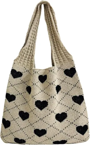 Women's Crochet Tote Bags Boho Tote Bags Heart-shaped Beach Handbags Knit Vacation Aesthetic Casual Love Hobo Bags