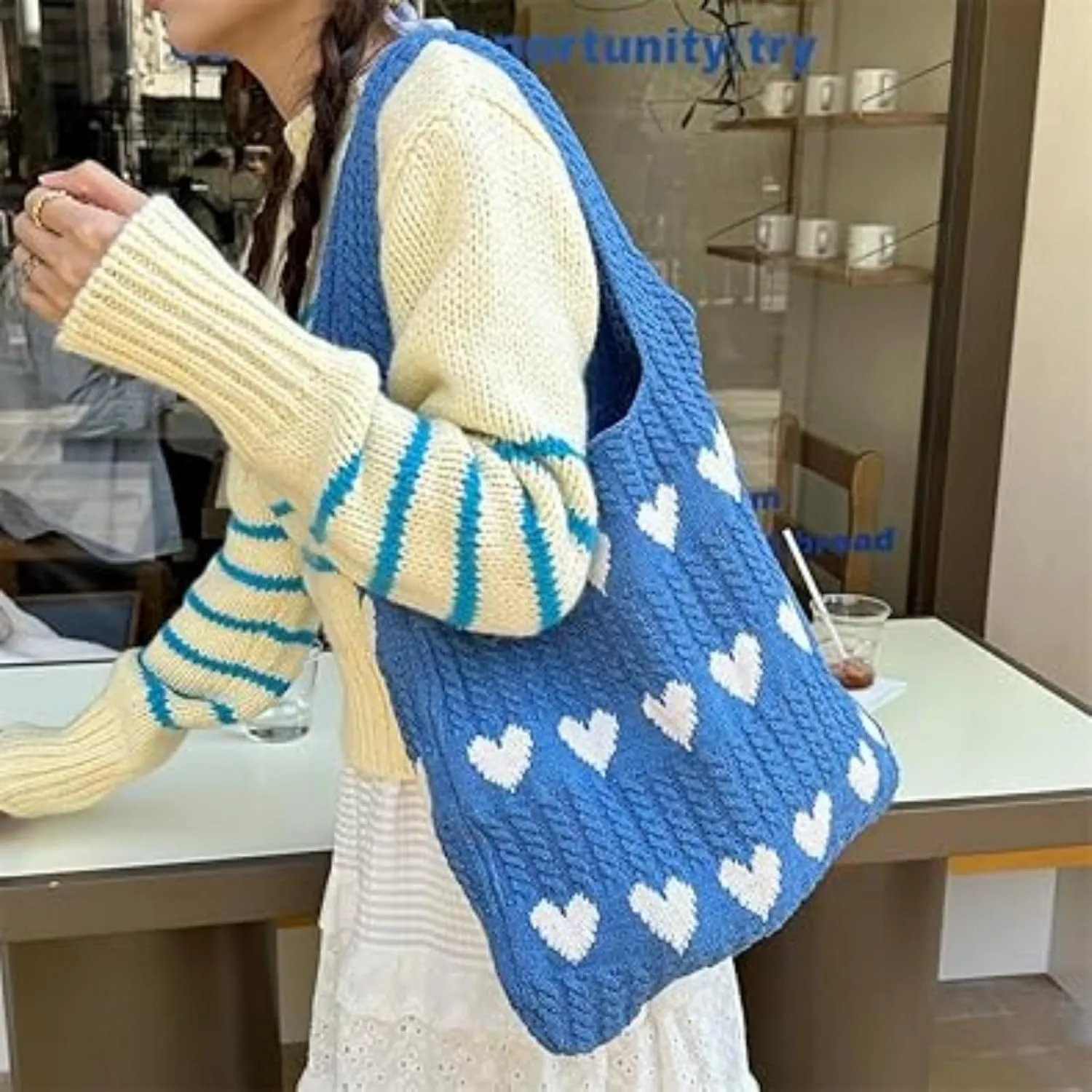 Women's Crochet Tote Bags Boho Tote Bags Heart-shaped Beach Handbags Knit Vacation Aesthetic Casual Love Hobo Bags