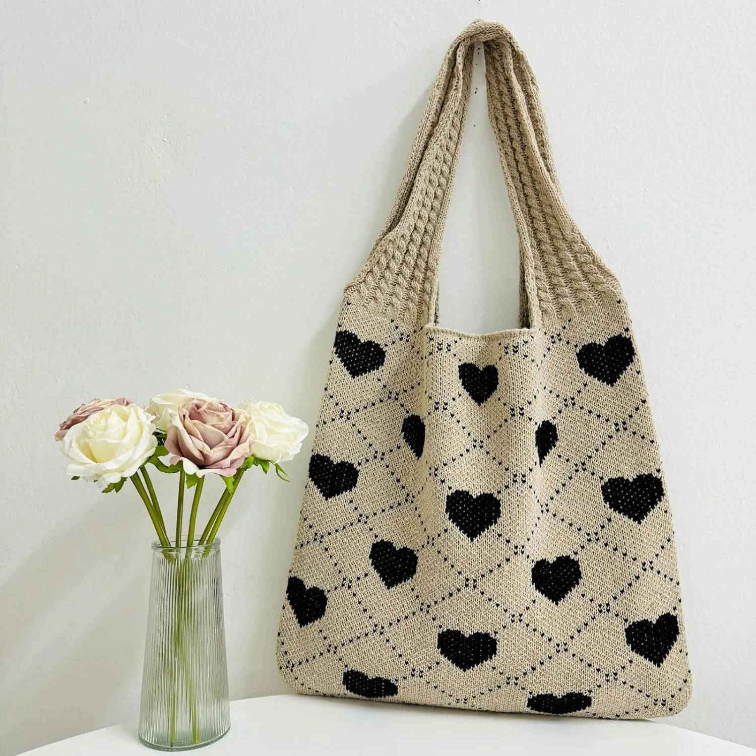 Women's Crochet Tote Bags Boho Tote Bags Heart-shaped Beach Handbags Knit Vacation Aesthetic Casual Love Hobo Bags