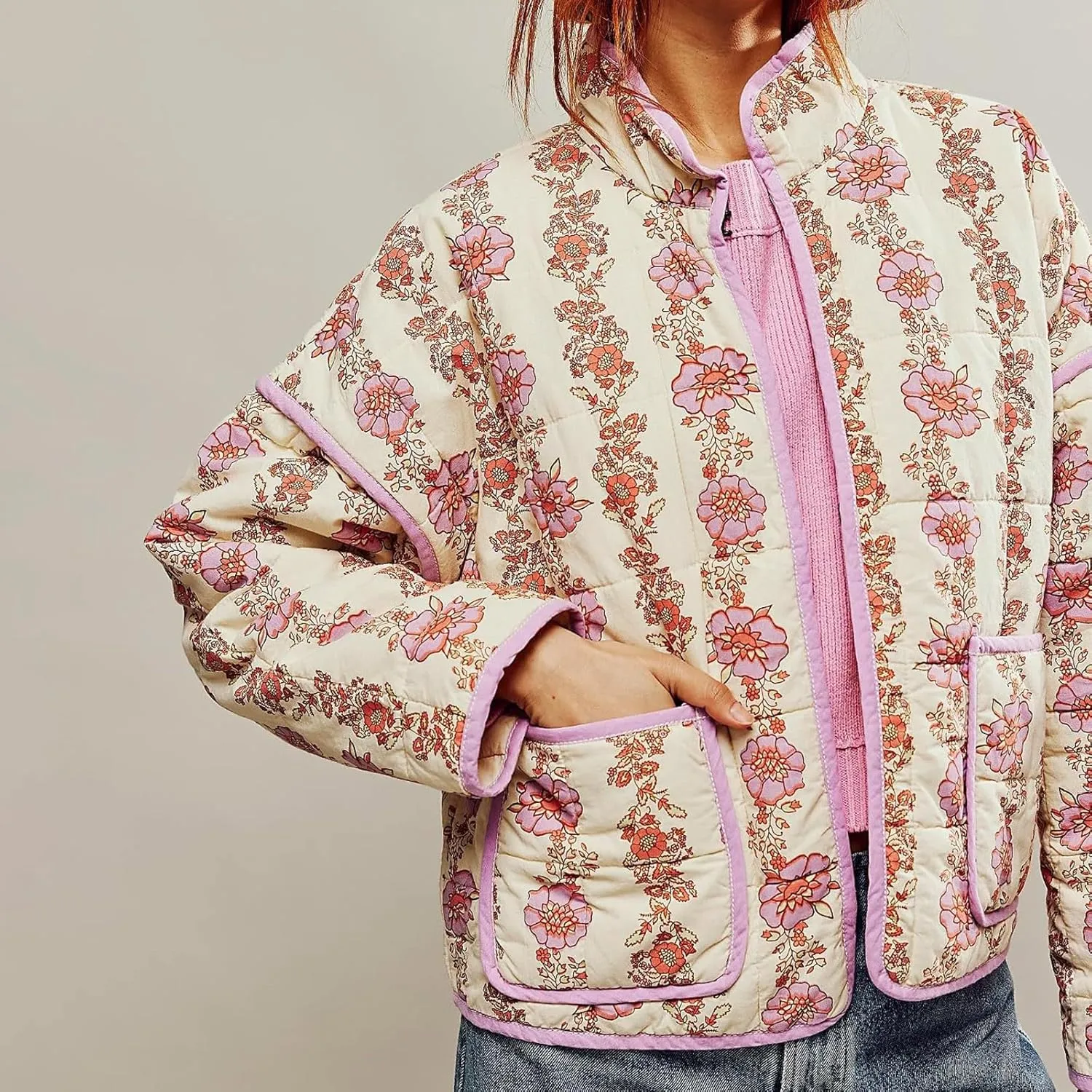 Women's Cropped Puffer Jacket Lightweight Floral Print Long Sleeve Padded Quilted Jackets Puffy Car