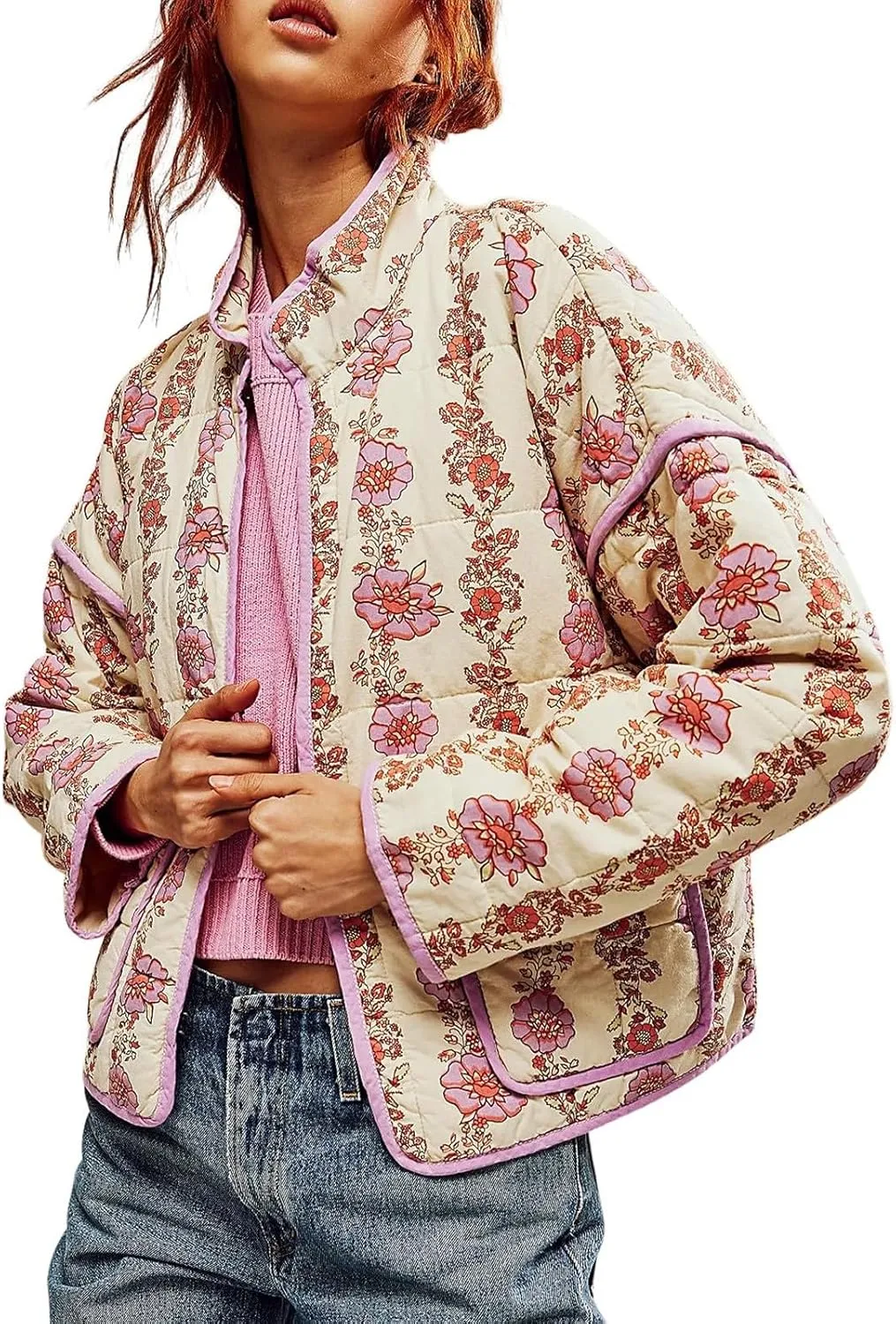 Women's Cropped Puffer Jacket Lightweight Floral Print Long Sleeve Padded Quilted Jackets Puffy Car