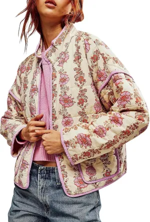 Women's Cropped Puffer Jacket Lightweight Floral Print Long Sleeve Padded Quilted Jackets Puffy Car