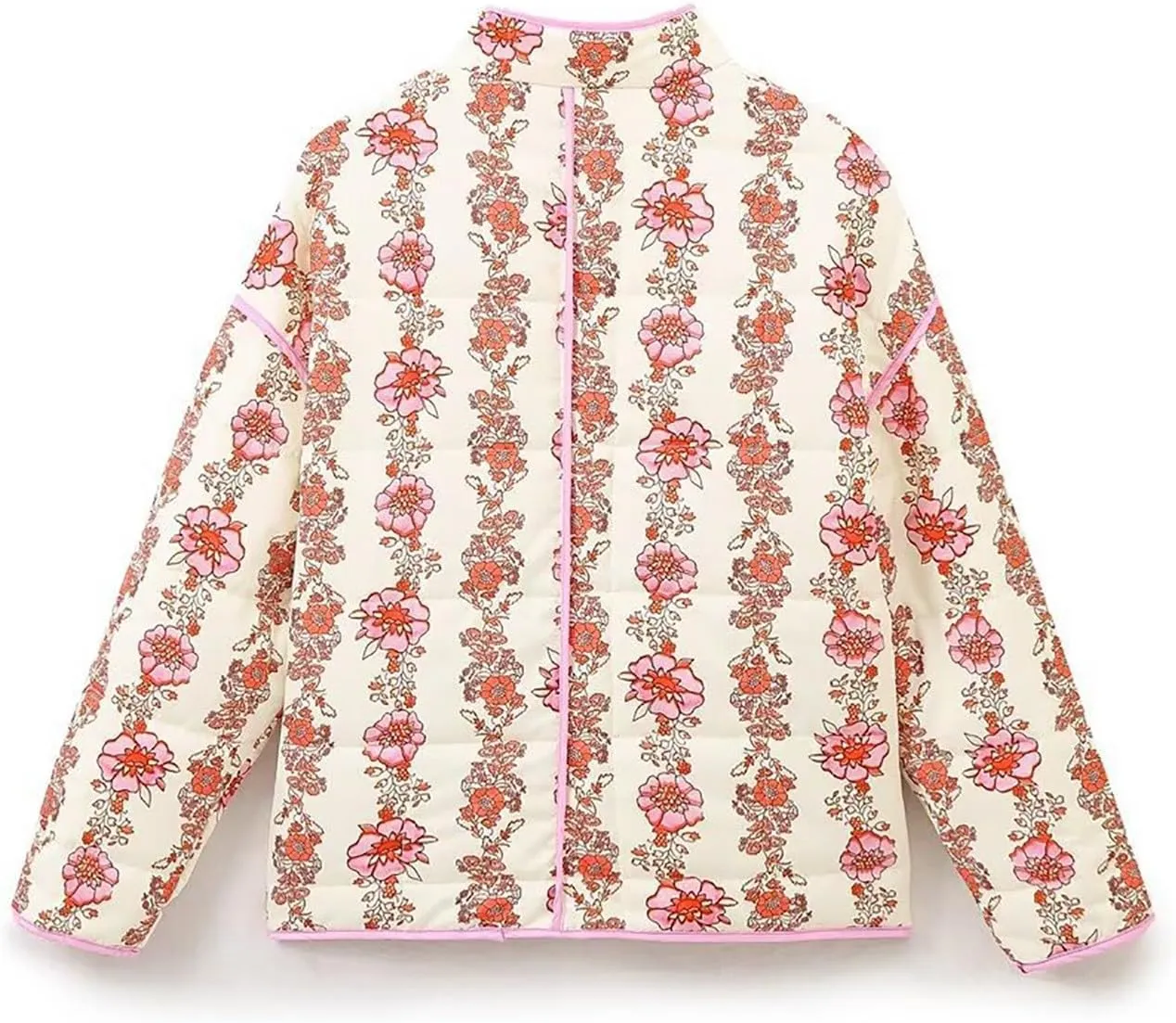 Women's Cropped Puffer Jacket Lightweight Floral Print Long Sleeve Padded Quilted Jackets Puffy Car