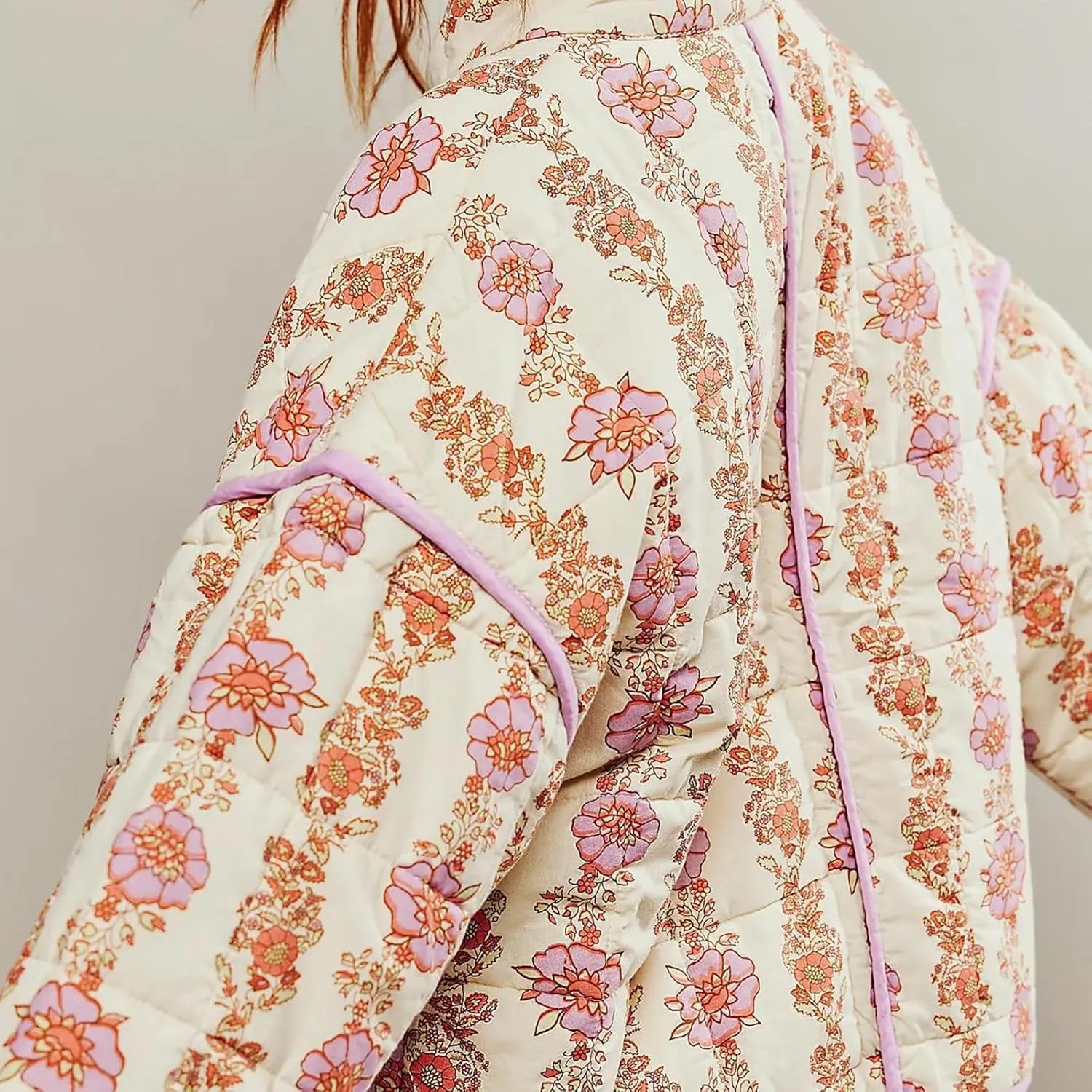 Women's Cropped Puffer Jacket Lightweight Floral Print Long Sleeve Padded Quilted Jackets Puffy Car