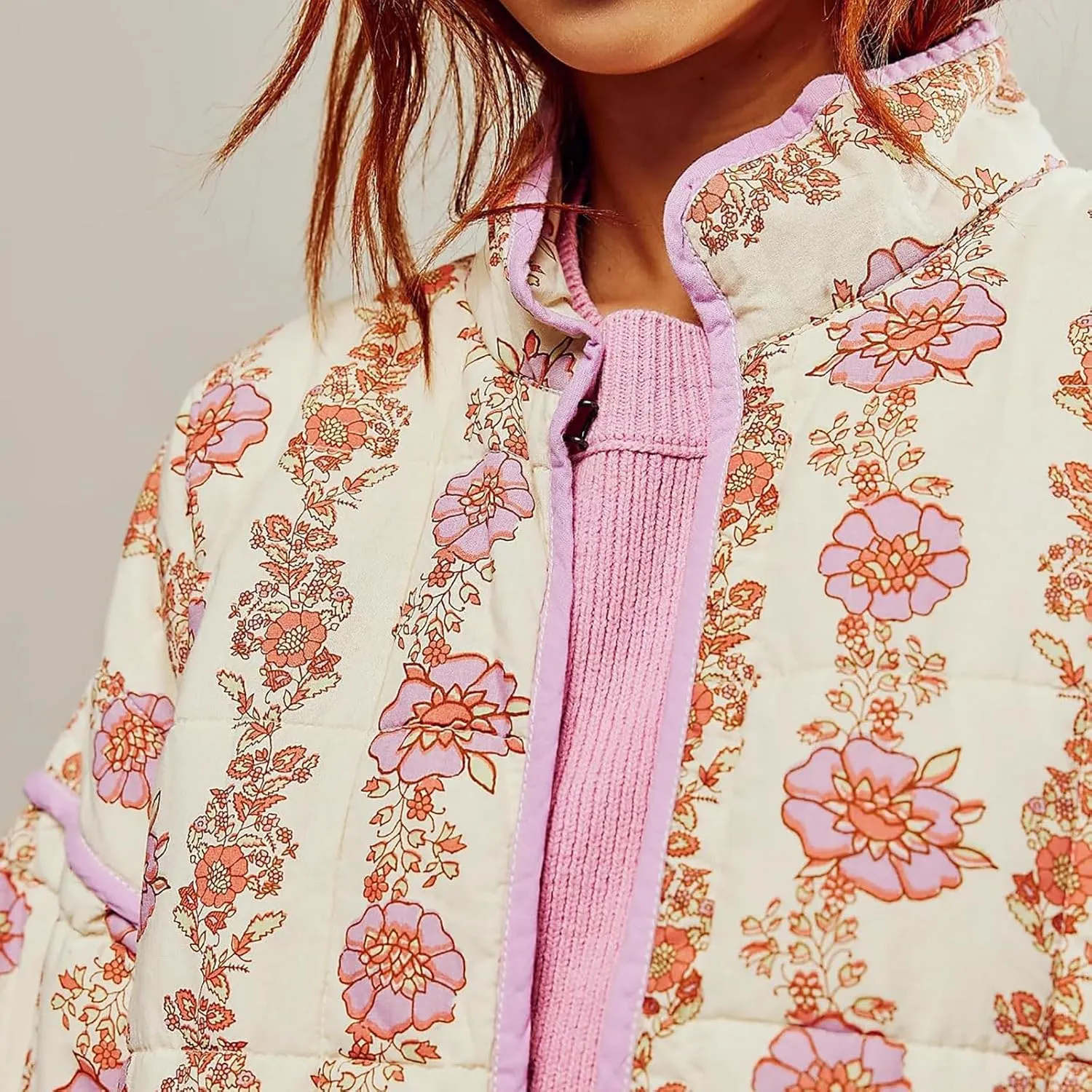 Women's Cropped Puffer Jacket Lightweight Floral Print Long Sleeve Padded Quilted Jackets Puffy Car