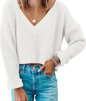 Women's Cropped Sweaters V Neck Long Sleeve Waffle Knit Pullover Sweaters