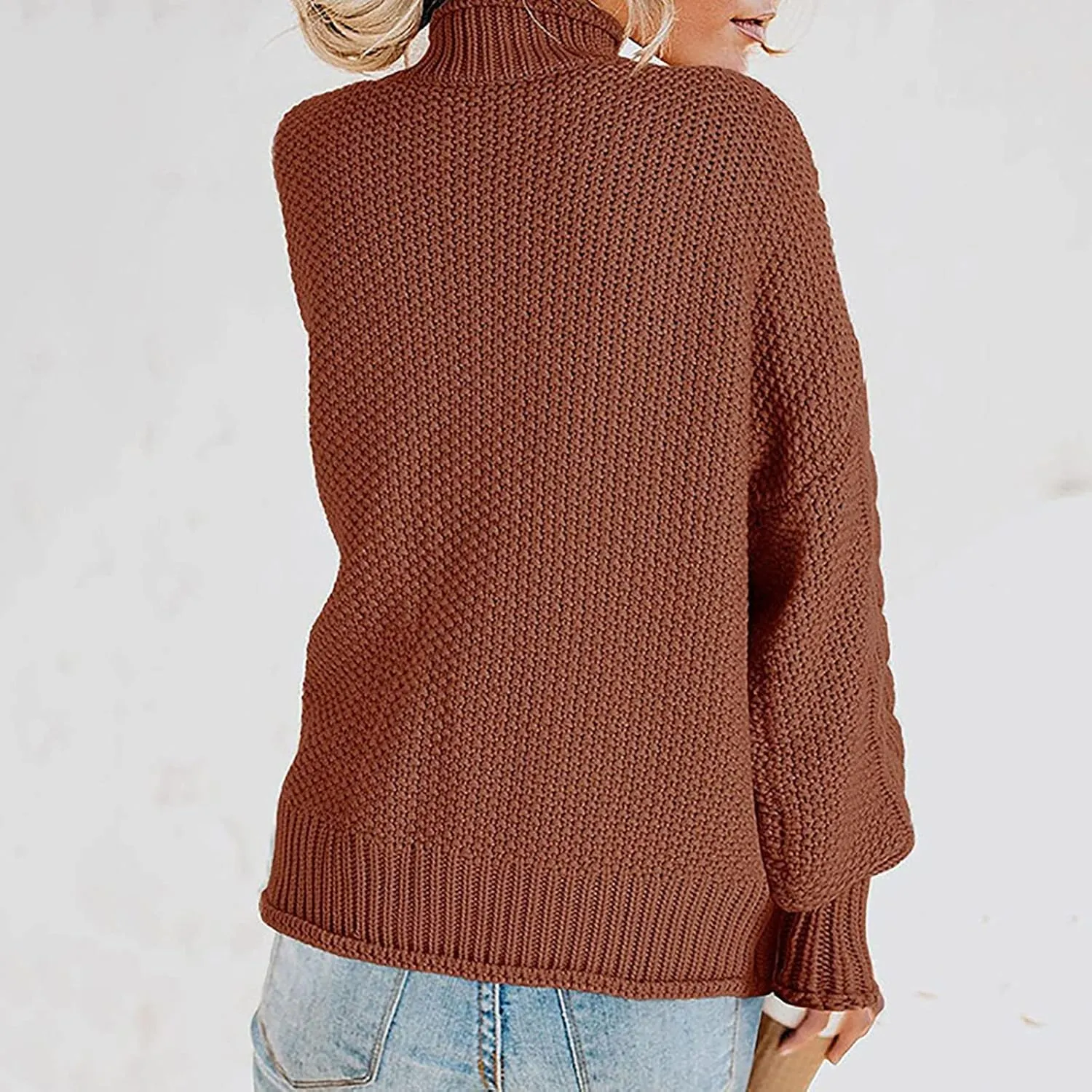 Womens Fall Clothes Fisherman Cable Knit Sweater Mock Neck Lantern Sleeve Knit Top Comfy Clothes for Flying