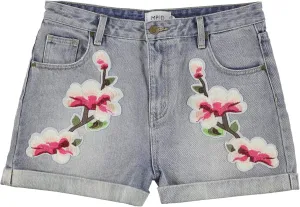 Womens Floral Patched Casual Denim Shorts, Blue, Large