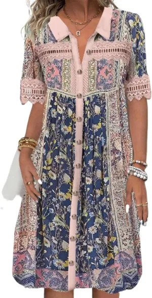Women's Floral Pink Mini Dress 2025 Summer Boho Collared Lace Hollow Short Sleeve Button Down Shift Short Dresses
