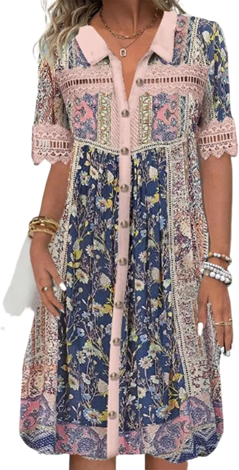 Women's Floral Pink Mini Dress 2025 Summer Boho Collared Lace Hollow Short Sleeve Button Down Shift Short Dresses
