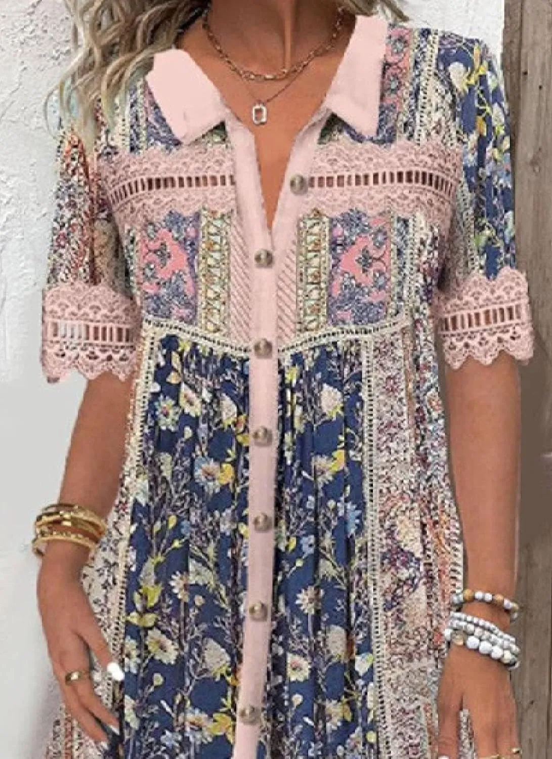 Women's Floral Pink Mini Dress 2025 Summer Boho Collared Lace Hollow Short Sleeve Button Down Shift Short Dresses