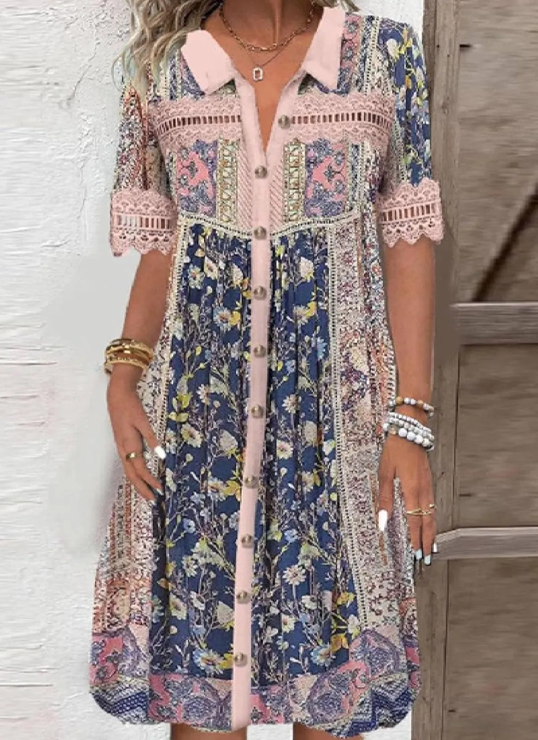 Women's Floral Pink Mini Dress 2025 Summer Boho Collared Lace Hollow Short Sleeve Button Down Shift Short Dresses