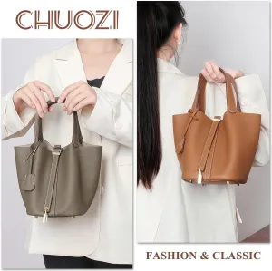 Women's Genuine Leather Soft Bucket Bags Stylish Lock Design Small Handbags Casual Satchel Ladies Daily Shoulder Bags