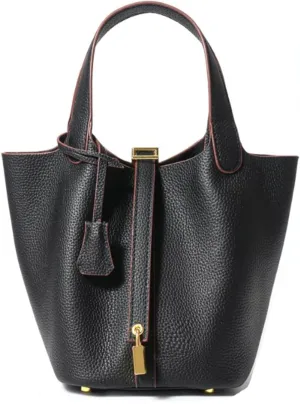 Women's Genuine Leather Soft Bucket Bags Stylish Lock Design Small Handbags Casual Satchel Ladies Daily Shoulder Bags