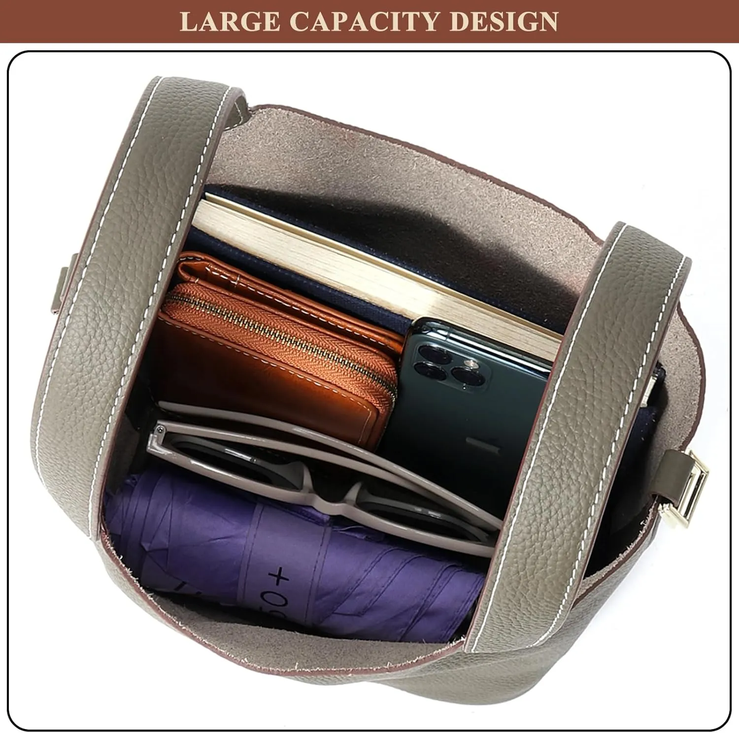 Women's Genuine Leather Soft Bucket Bags Stylish Lock Design Small Handbags Casual Satchel Ladies Daily Shoulder Bags